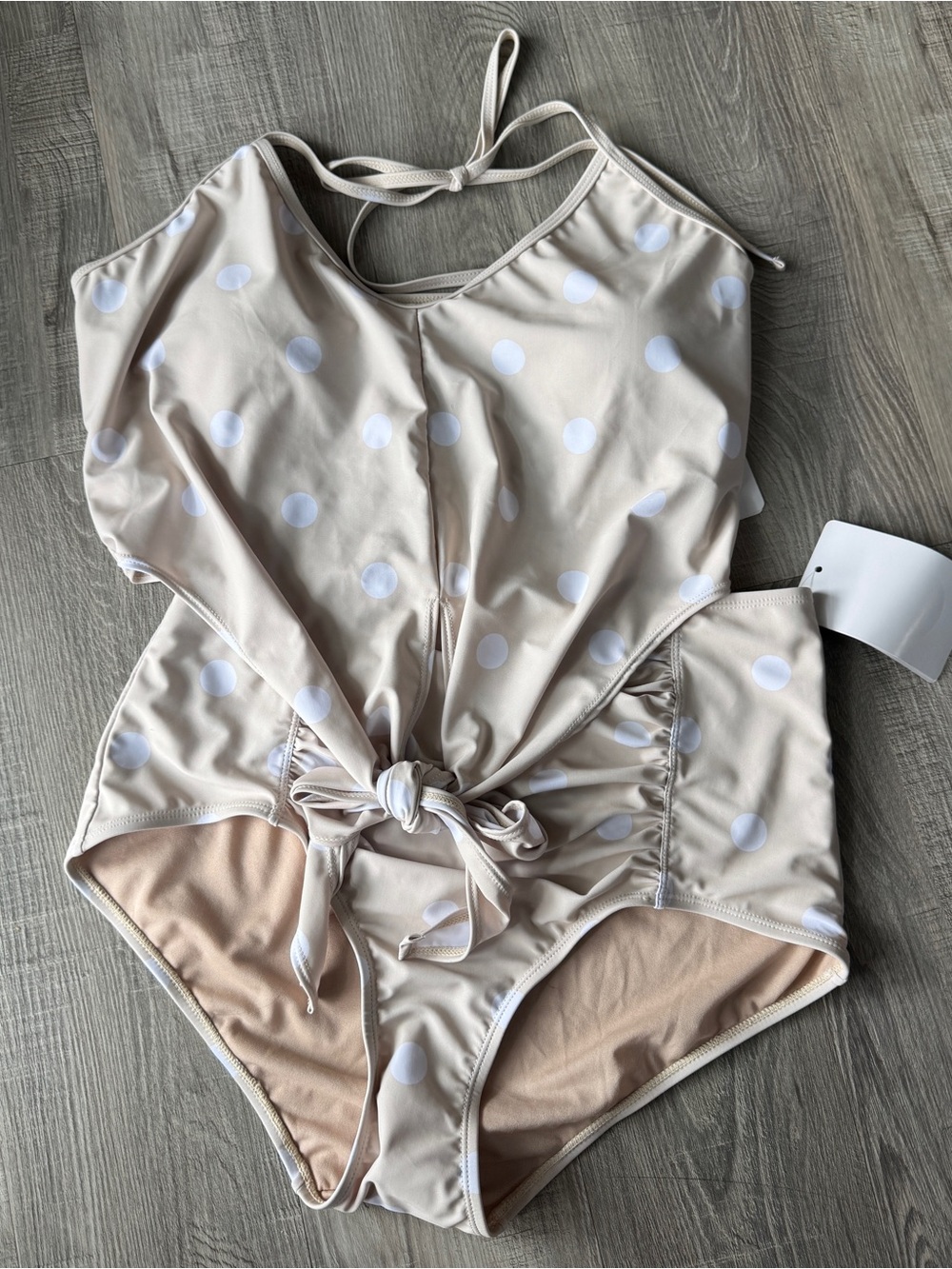 Kortni Jeane Beige Polka Dot Tied Up Swim Top XL and Ruched High Rise Bottom L